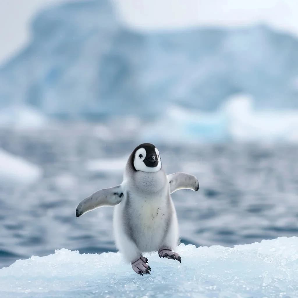 A baby penguin balancing on an ice floe with its flippers spread wide — Tux finding his footing on Vortex's new Linux Foundation home.