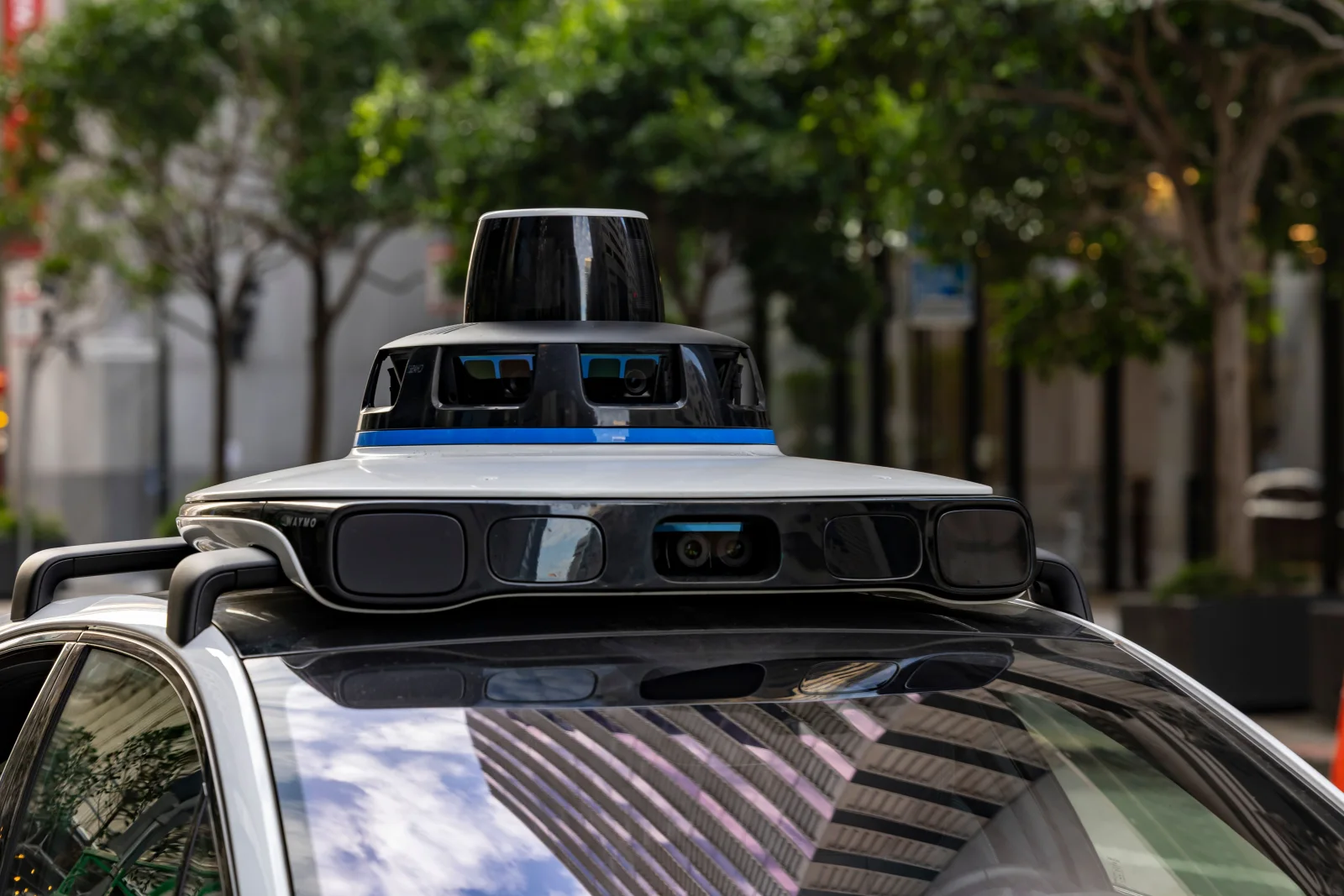 Close view of camera and lidar sensors on an autonomous vehicle