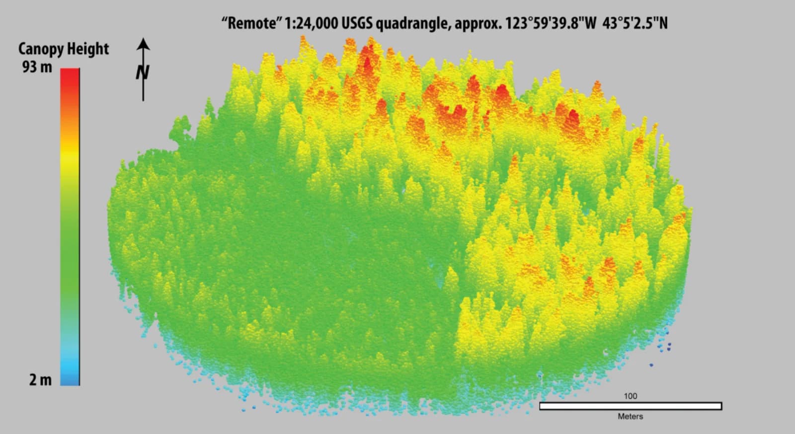 USGS lidar point cloud showing the height of a forest canopy in Oregon